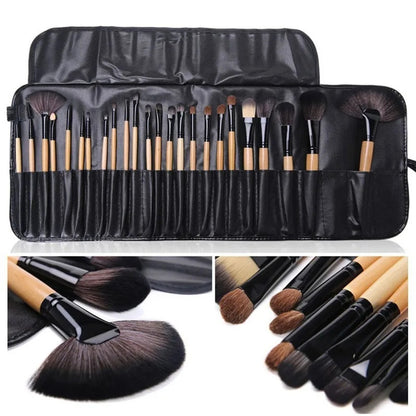 24 piece makeup brush set with soft bristles and wooden handles for professional cosmetic application