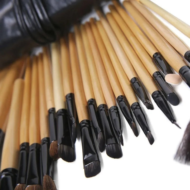 24 piece makeup brush set with bamboo handles and varied brush tips for professional cosmetics application