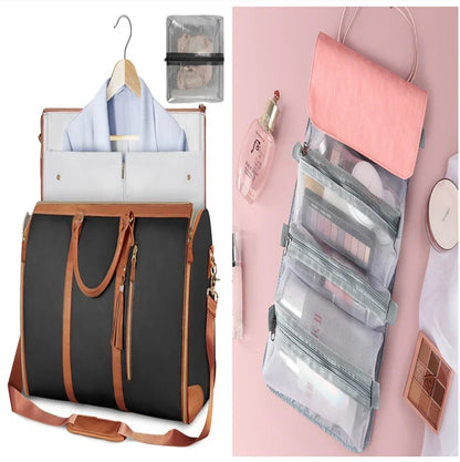 Black and brown travel garment bag with hanging robe and pink hanging toiletry organizer with makeup items