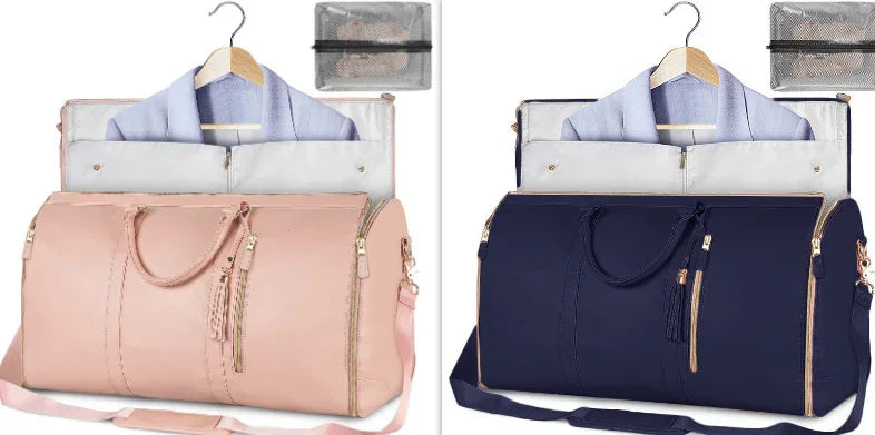 Two large leather garment travel bags with pink and navy colors, each with clothes hanger and packing cubes