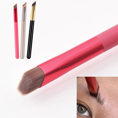 3D eyebrow brush for women with angled bristles and pink handle for precise eyebrow styling