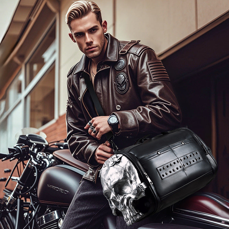 Trendy 3D skull crossbody bag with bold design, perfect for edgy fashion enthusiasts on motorbikes