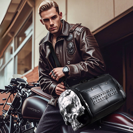 Trendy 3D skull crossbody bag with bold design, perfect for edgy fashion enthusiasts on motorbikes