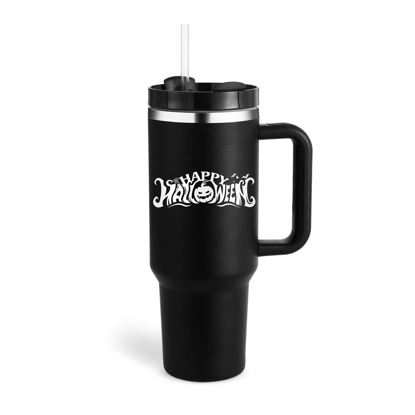 Black 40 oz insulated tumbler with handle featuring Happy Halloween design and lid with straw