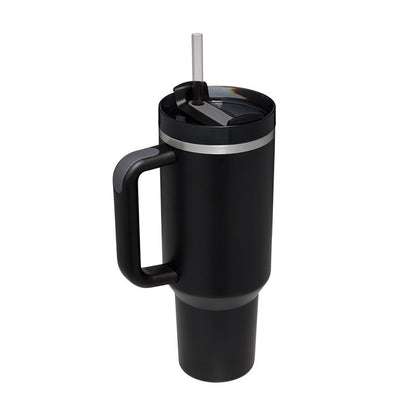 40 oz insulated tumbler with handle in black featuring a lid and straw by Hangzhou Jingqian