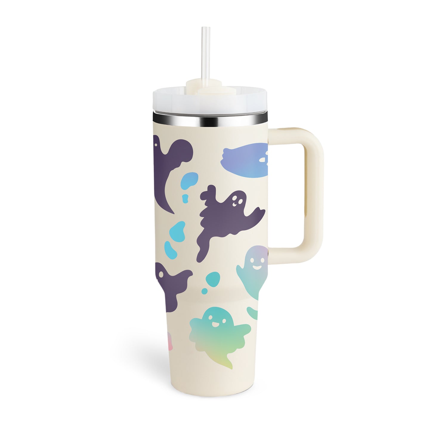40 oz insulated tumbler with handle featuring colorful ghost designs and a clear lid with straw