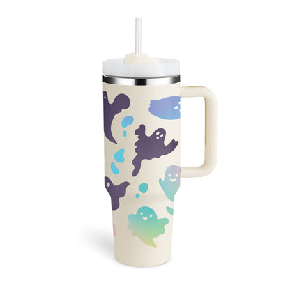 40 oz insulated tumbler with handle featuring colorful ghost designs and a clear lid with straw