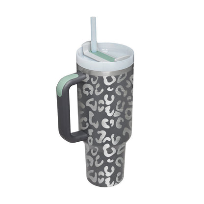 40 oz insulated tumbler with handle featuring gray leopard print design and white lid with straw