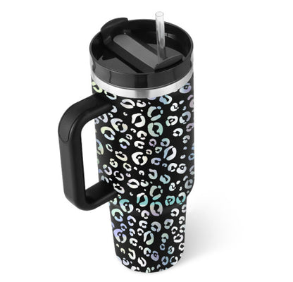 40 oz insulated tumbler with handle featuring black lid and iridescent leopard print design