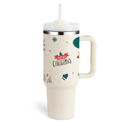 40 oz insulated tumbler with handle featuring Merry Christmas design and clear lid with straw