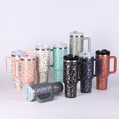 40 oz insulated tumbler with handle in various colors and leopard print design with lid