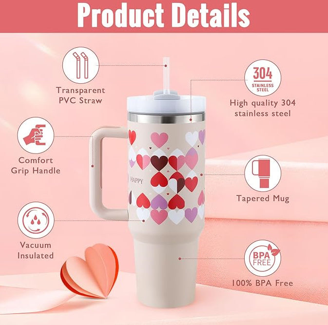 40 oz insulated tumbler with handle featuring heart design, lid, and transparent straw