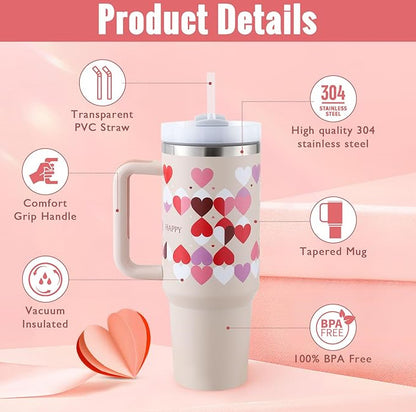 40 oz insulated tumbler with handle featuring heart design, lid, and transparent straw