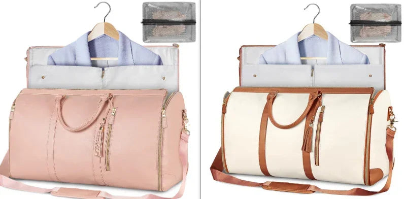Two versatile garment bags with duffel style design in blush pink and white with brown accents, packed with clothes and travel accessories
