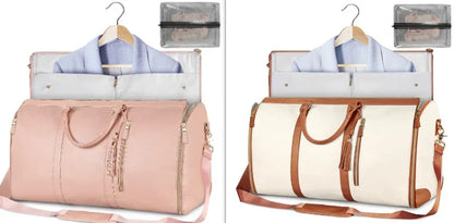 Two versatile garment bags with duffel style design in blush pink and white with brown accents, packed with clothes and travel accessories
