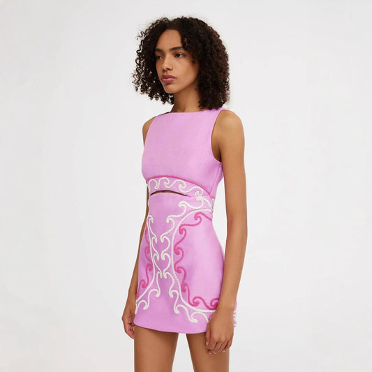 2025 Summer Women's Sleeveless Slim-fit Embroidered Pink Dress