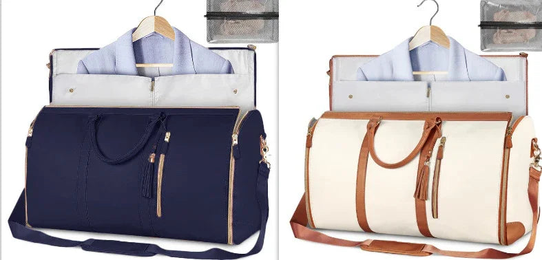 Two stylish travel bags in navy blue and cream with brown leather accents, displayed with jackets inside
