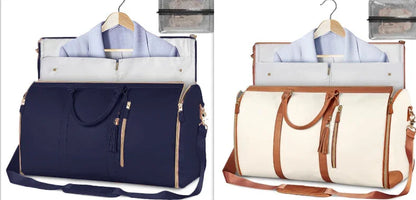 Two stylish travel bags in navy blue and cream with brown leather accents, displayed with jackets inside