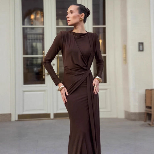 Brown Round Neck Knitted Dress For Women 2025 Autumn Design Sense