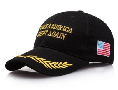 Box of Pandora men's black adjustable USA baseball cap with Make America Great Again embroidery and American flag patch