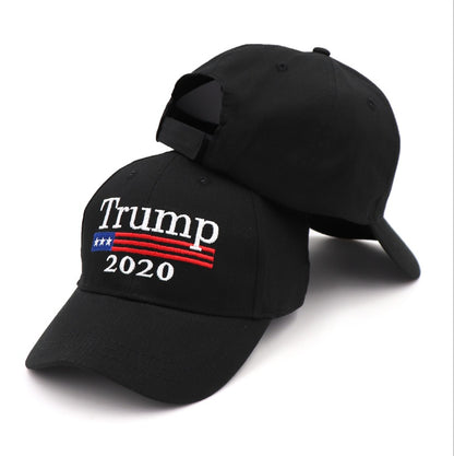 Black Trump 2020 adjustable USA baseball cap with embroidered patriotic design and velcro strap