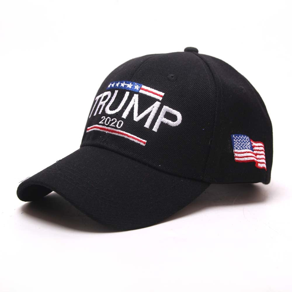 Black adjustable USA baseball cap with Trump 2020 embroidery and American flag patch