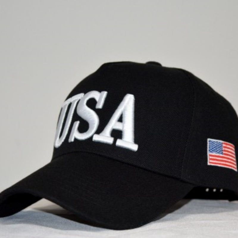 Box of Pandora black adjustable USA baseball cap with white USA lettering and American flag patch