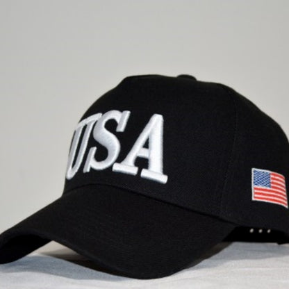 Box of Pandora black adjustable USA baseball cap with white USA lettering and American flag patch