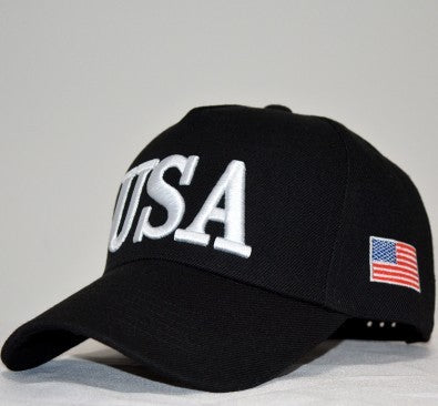 Black adjustable USA baseball cap with white USA embroidery and American flag patch on side
