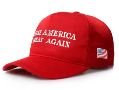 Adjustable USA baseball cap in red with white Make America Great Again text and American flag patch