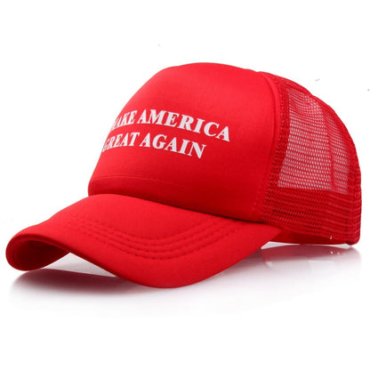 Red adjustable USA baseball cap with white Make America Great Again text and mesh back