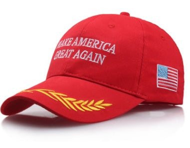 Red adjustable USA baseball cap with Make America Great Again embroidery and American flag patch