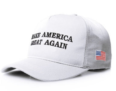 Box of Pandora men's white adjustable USA baseball cap with Make America Great Again text and American flag patch
