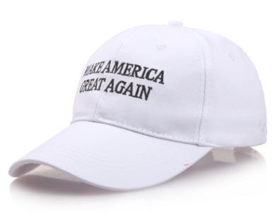 White adjustable USA baseball cap with Make America Great Again embroidered text for men