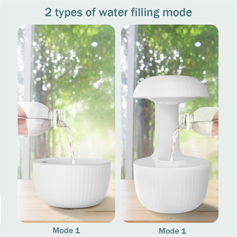 Yiwu Renfan white mushroom anti gravity air humidifier showing two water filling modes pouring into base and elevated reservoir