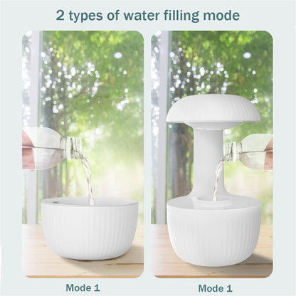 Yiwu Renfan white mushroom anti gravity air humidifier showing two water filling modes pouring into base and elevated reservoir