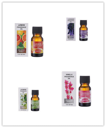 Set of aromatherapy essential oil humidifier fragrance oils including lemon lavender jasmine and vanilla scents
