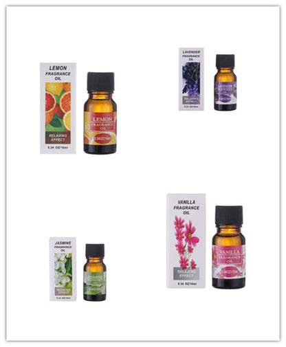 Set of aromatherapy essential oil humidifier fragrance oils including lemon lavender jasmine and vanilla scents