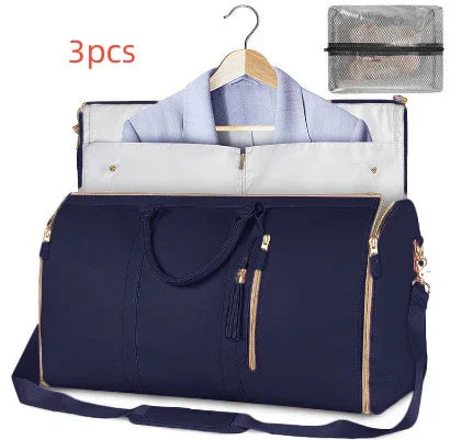 Navy blue 3-piece travel garment bag set with suit hanger, carrying handles, and storage pouch