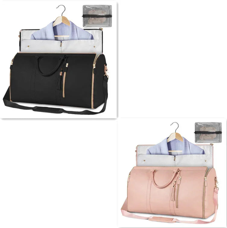Black and pink travel garment bags with shoulder straps, hanging dress shirts, and clear packing organizers