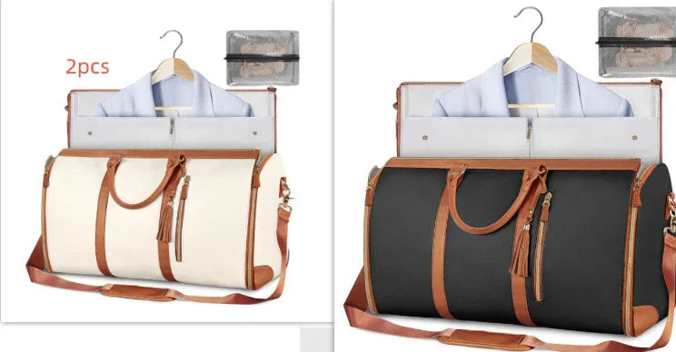 Two stylish travel duffel bags in cream and black with brown leather straps and tassel details, shown with clothing and packing cubes