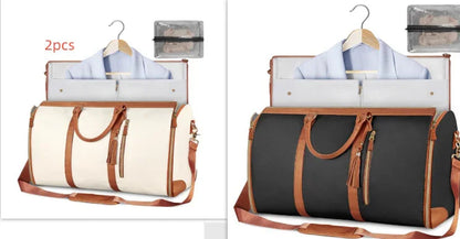 Two stylish travel duffel bags in cream and black with brown leather straps and tassel details, shown with clothing and packing cubes