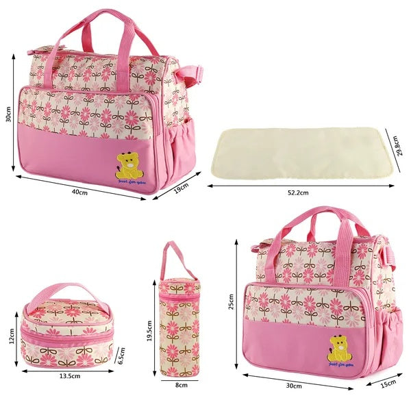Box of Pandora pink baby diaper bag set with multiple compartments and changing mat for parents on the go