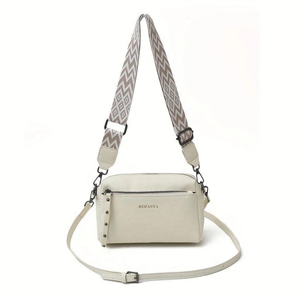 Stylish adjustable shoulder bag women in white with patterned wide strap and zipper pockets