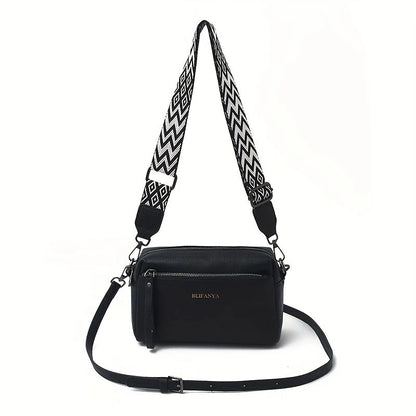 Stylish adjustable shoulder bag women black small cross body bag with patterned strap