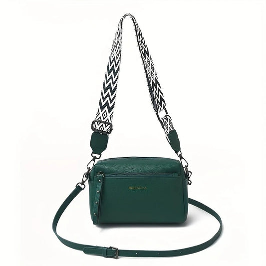 Stylish adjustable shoulder bag women in dark green with patterned wide strap and compact crossbody design