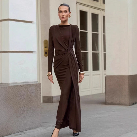 Brown Round Neck Knitted Dress For Women 2025 Autumn Design Sense