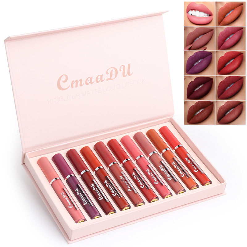 Yiwu Renfan waterproof matte lipstick for women set with 10 shades in pink box