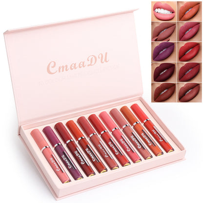 Yiwu Renfan waterproof matte lipstick for women set with 10 shades in pink box