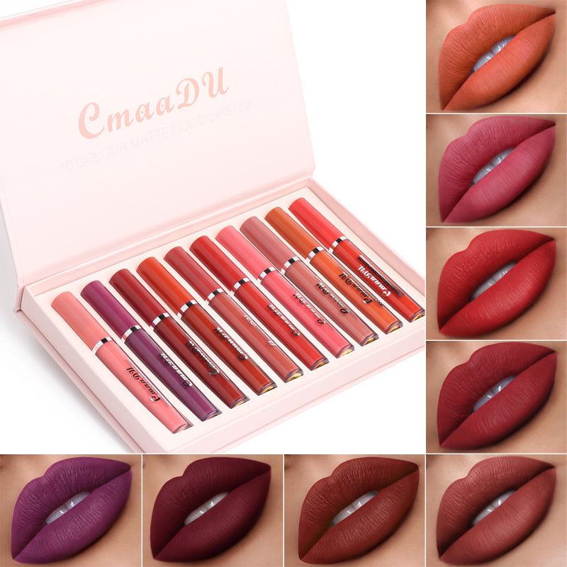 Yiwu Renfan waterproof matte lipstick for women set with multiple shades and close-up lip color swatches